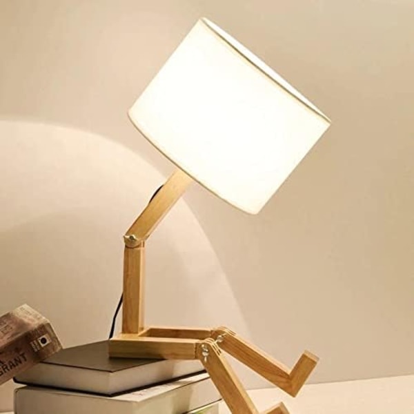 Nordisk tre kreativ ledd robot dukke LED skrivebordslampe med hvit stofflampeskjerm med bokhylle nattbordstudie barnerom