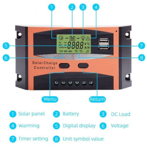 30A ladekontroller for solcellepanel 12/24V LCD-skjerm USB Art. Ld2430c