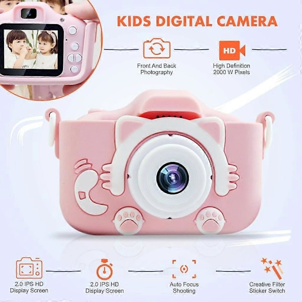 Kriogor Lasten Kamera, Digitaalinen Selfie- ja Videokamera 12 Megapikselillä / Kaksoisobjektiivilla / 2 Tuuman Näytöllä / 1080P HD / 32 Gt TF-kortti, Syntymäpäivälahja
