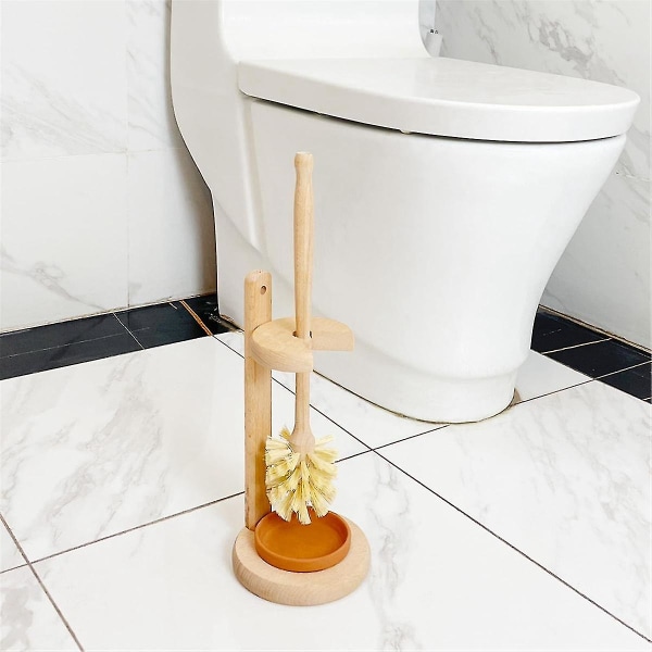 Trä toalettborste och hållare set, Trä toalettskål Rengöringsborste för badrum, toalettskrubb med stativ
