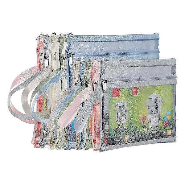 10-pack färgade dubbellagers nät dragkedja påsar, byggklossar set leksak förvaring & organisation 5st A4+5st A5
