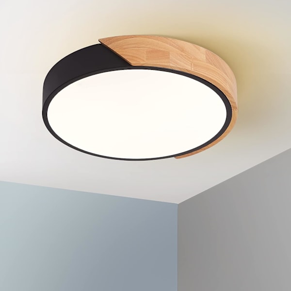 LED-loftslampe, indbygget loftslampe 24W varm sort lys Ø23CM hvidt lys 6000K moderne rund træbelysningsarmatur til stue soveværelse