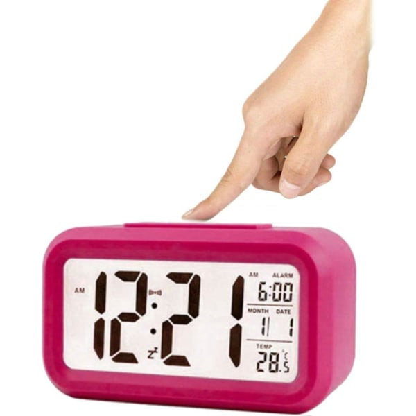 1st digital väckarklocka, tyst lysande klocka med datum, temperatur, tid, snoozesensor (rosa)