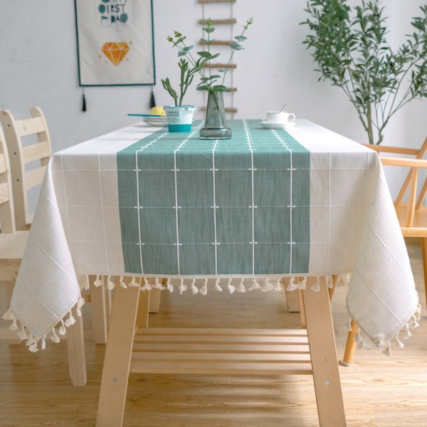 Solid bomuld og hør rektangulær dug Plaid broderi kvast bomuld hør borddæksel til køkken spisebord dekoration (60x60cm, grøn)