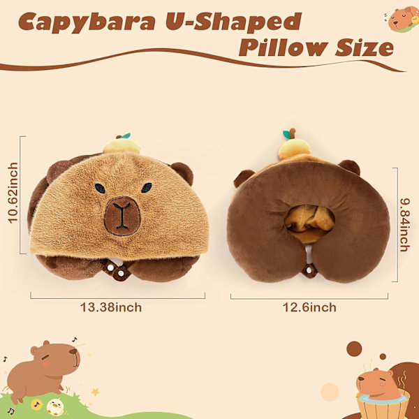 Capybara U-formad Resepillow med Huva, Nacke Stöd Plush Kudde, Huvad Kudde Sovtillbehör Nacke Hakstöd Fylld Djur Kudde för Flygplan