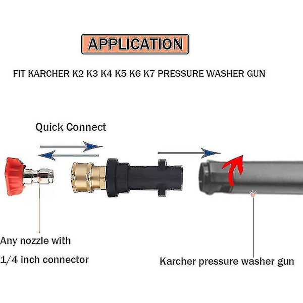 Painepesurin suuttimeen sopiva adapteri 1/4' pikaliittimellä, yhteensopiva Karcher/krcher K-sarjan K2, K3, K4, K5, K6, K7 korkeapainepesureiden kanssa