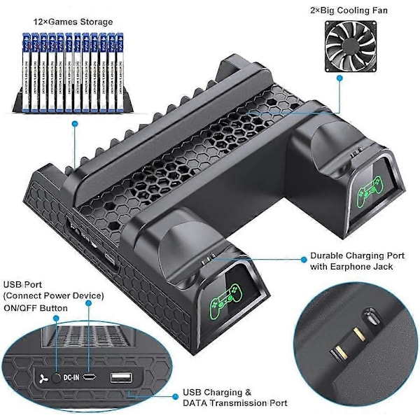 PS4 Stativ med Fläkt, PS4 Kylare, PS4 Stativ med PS4-Kontroll Laddningsstation för Playstation 4/PS4 Pro/Slim, PS4 Hållare med PS4 Laddningsstation, PS4 Stativ PS4 Fläkt