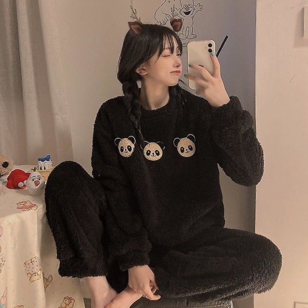Ny varm flannel pyjamas Kawaii Sanrioed Efterår Vinter Kuromi Piger Nattøj Sæt Tegnefilm Cinnamoroll Hjemmetøj Tøj til Kvinder black bear 2XL(65-72.5kg)