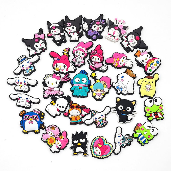 30 kpl/setti söpö Kuromi My Melody Keroppi Cinnamoroll kengänkoristeet Crocs-tukkoihin, sandaaleihin, koriste-esineisiin, lahjoihin
