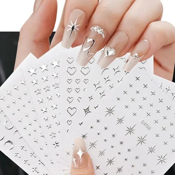 Spegel metalliska silver nagelklistermärken kärlek stjärna dekaler fransk manikyr självhäftande reglage tillbehör nail art dekorationer