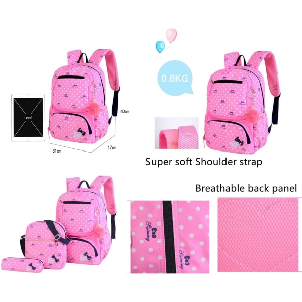 3-Pc Heart Print rygsæk sæt 3-i-1 sløjfe Lille skoletaske rejserygsæk (lilla)