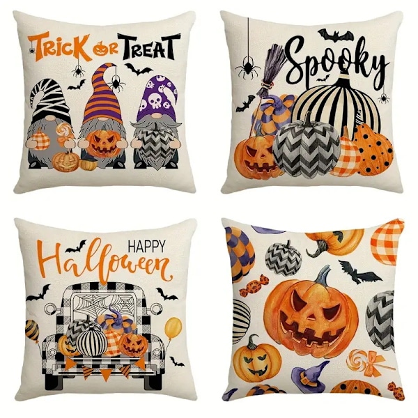 Halloween pudebetræk 18x18 sæt med 4 Buffalo Plaid Gnome Pumpkin Halloween puder Landlig Halloween dekorative Halloween pudebetræk-20