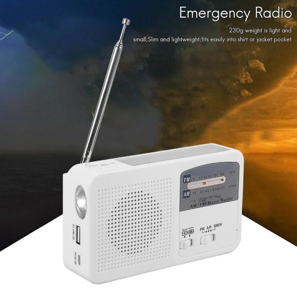Nödradio med sol och handvev, självdriven, batteriladdning via USB, FM/AM-radio, LED-blixt