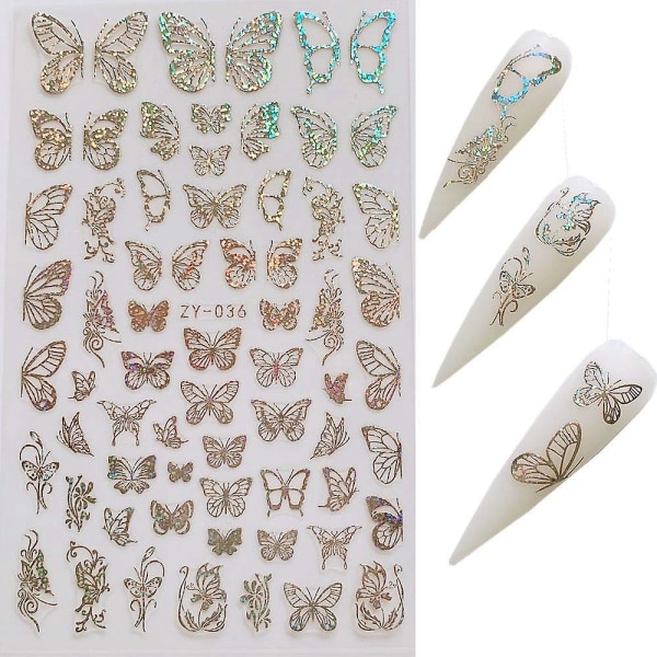 Nail Art Adhesive -tarralevyt – eri laserkulta- ja hopeavärisiä perhosmuotoisia nail art
