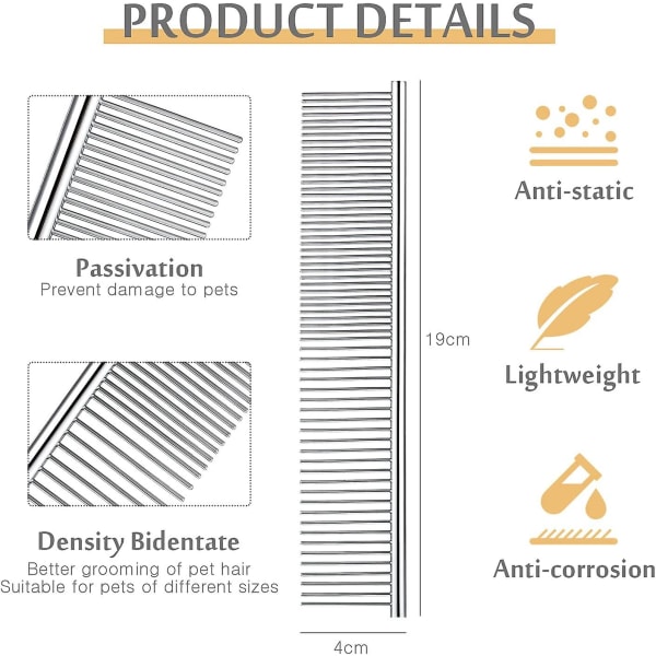 Rostfritt stål husdjurskam husdjursskötselkam rund tand hundkam för hundar och katter med tovigt hår (19 x 4 cm)