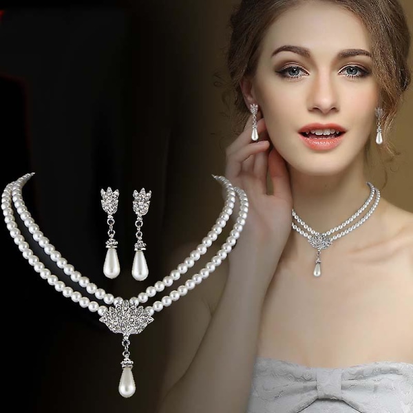 Elegant Imitert Perle Brudesmykker Sett Rhinestone Perle Halskjede + Øredobber