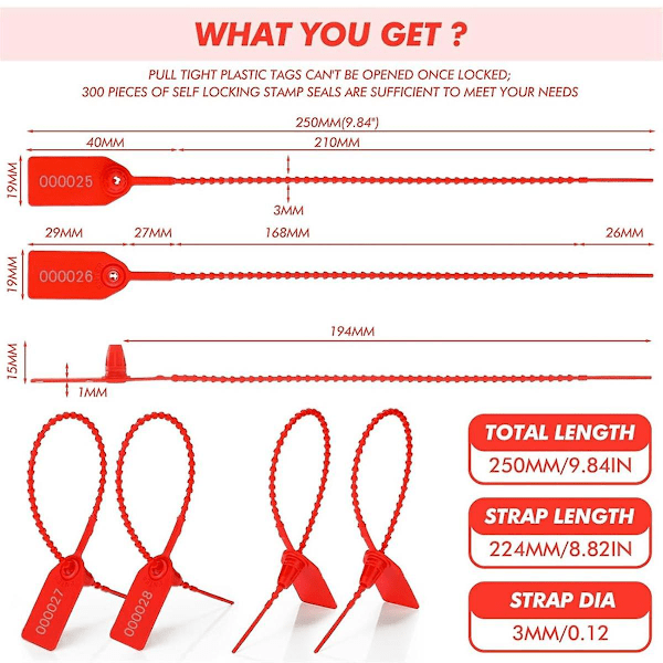300 stk. plastplomberinger, nummererte glidelåsbånd, sikkerhetsetiketter, engangsbruk, selvlåsende