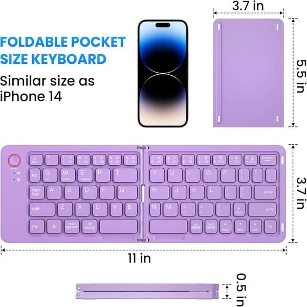 Mini foldbart Bluetooth-tastatur - bærbart, Mac, iPad, Android, Windows og iOS (lilla), ultratyndt aluminium, rejsevenligt til iPhone