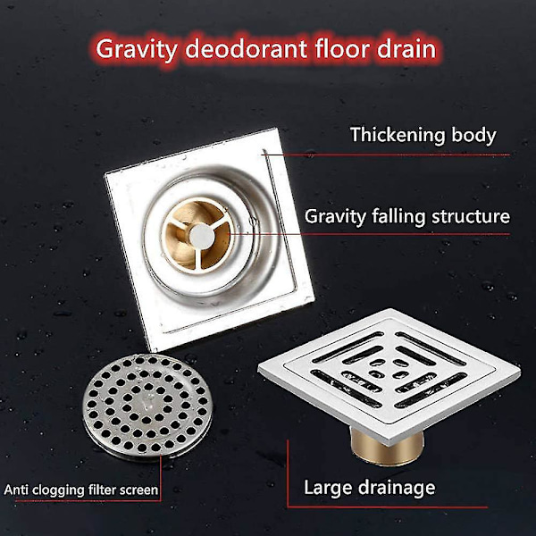 Kvadratisk luktsikker dusjrenne, gulvrenne i rustfritt stål med sil for bad og hage (100mm x 100mm)