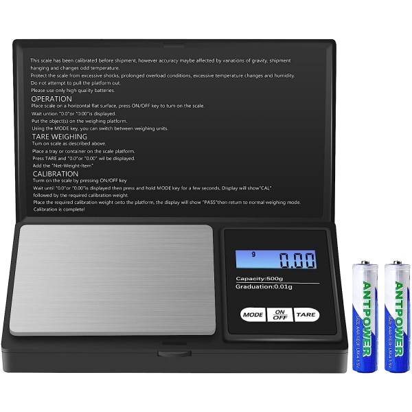 Præcisionsvægt, 500 g/0,01 g køkkenvægt, (batteri inkluderet)