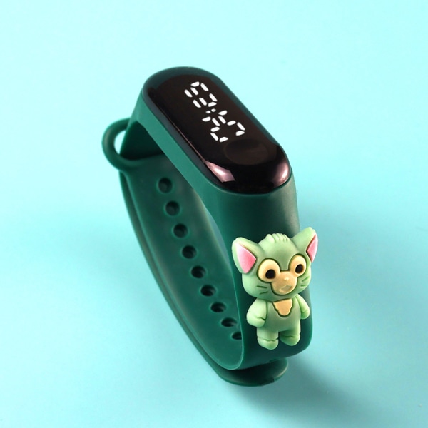 Barnklocka-tecknad armband, elektronisk vattentät watch (mörkgrön målarkatt)