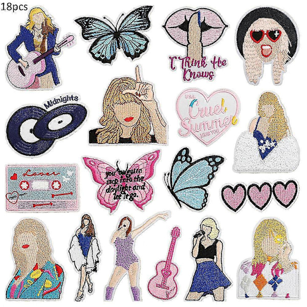 18 st/set Taylor Swift Broderade Stryk på Märken, DIY Sy Applikation Reparationslapp, Sy På/Stryk På Märke för Jackor, Jeans, Byxor, Ryggsäckar, Kläder