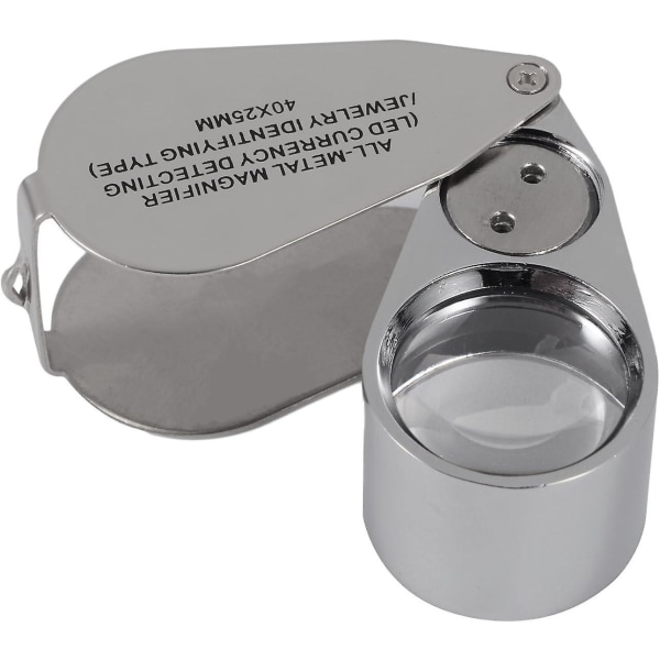 40X metalbelyst smykkesløjfeforstørrelsesglas, foldningssmykkeforstørrelsesglas for øjelomme med LED (LED-møntgenkendelse / smykke-id)