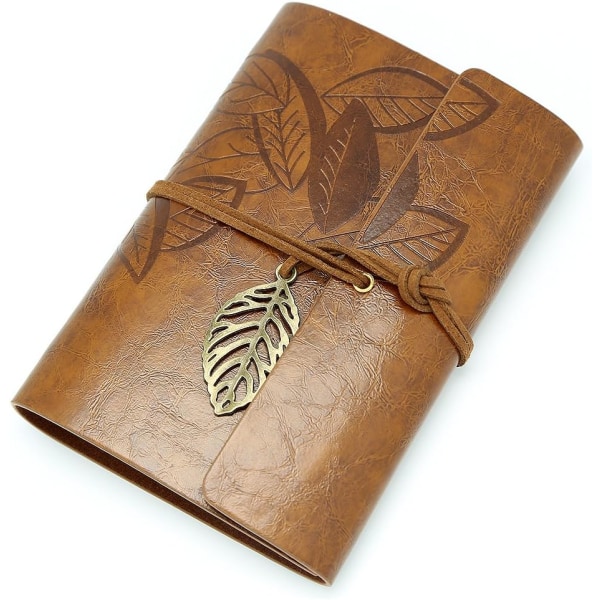 Retro PU- case Loose Leaf Blank Notebook Dagbok Present, Creative Leaf Strap, A6 mörkbrun