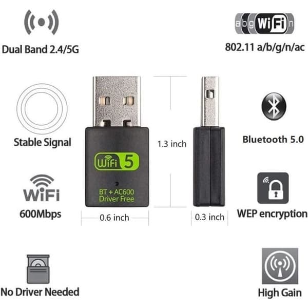 Adapter USB WiFi Bluetooth 600 Mbps - Dobbeltbånd 2.4/5 GHz - Kompatibel med Windows og MacOS