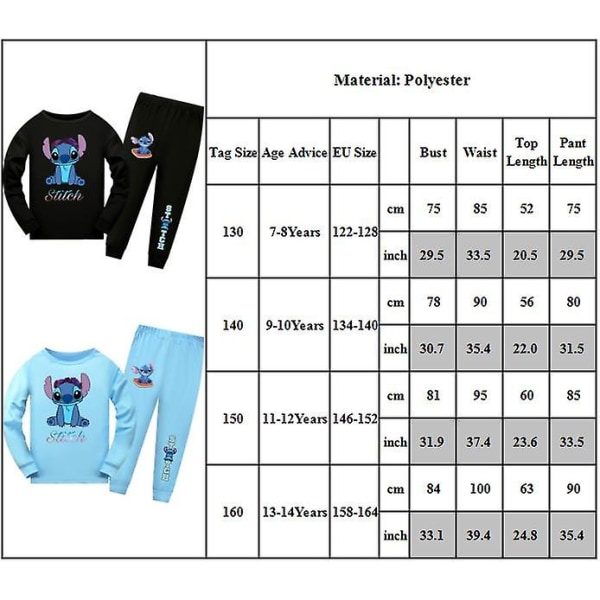 Lilo & Stitch Set för barn Långärmad T-shirt Byxor Outfit Loungewear Nattkläder 7-14 år Light Blue 9-10 Years