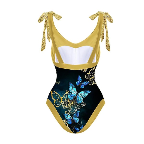 Vintage V-ringad Butterfly Colorblock Print One Piece Baddräkt Holiday Beach Dress Sexig Låg midja Dam String Baddräkt Gold L