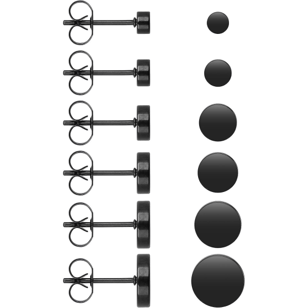 6 par svarte øredobber i rustfritt stål Unisex runde, flate øredobber for kvinner for menn (3 Mm - 8 Mm), rustfritt stål