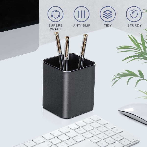 Metall penneholder for kontorpult, aluminium blyantkopp, firkantet pennekopp, (svart)