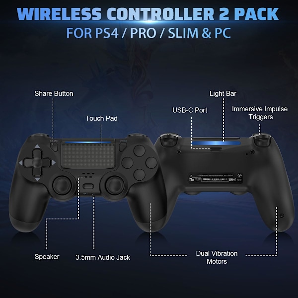2 stk. PS4 håndkontrol DoubleShock trådløs til Play-station 4 sort