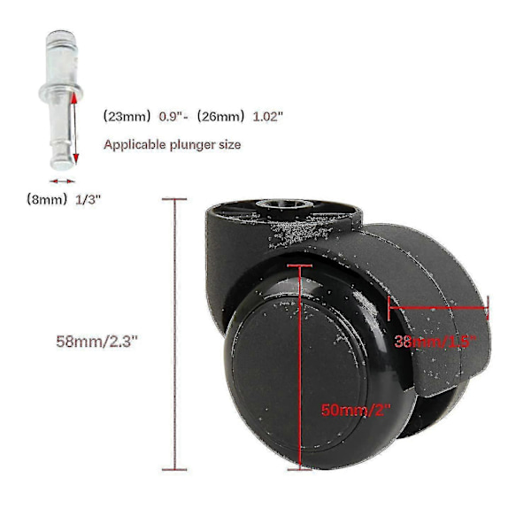 2 tommers svart stille hjul uten stamme - Erstatningshjul for kontorstoler - Møbelhjul - 5 stk
