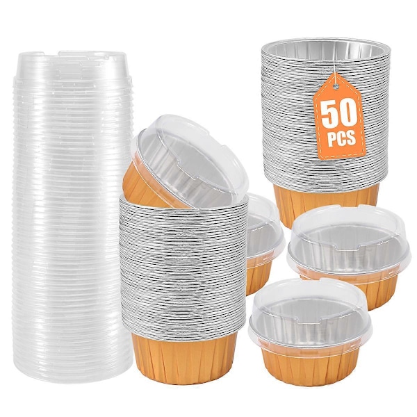 Dessertskålar med Lock, Guld Aluminiumfolie Bakformar, Muffin Bakform Ramekin Klar P