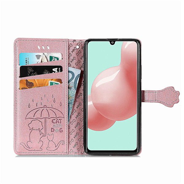 Samsung Galaxy A41 -puhelimen kotelo, Flip Wallet -tyyppinen, reliefikuvioitu kansi, Etui Housse, Kissan ja Koiran kuvio - Rose Gold