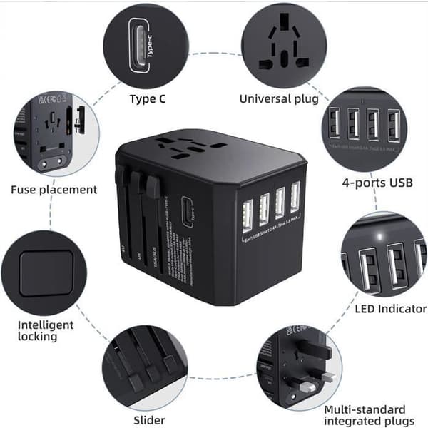 Universal reseadapter - 4 USB-portar - Typ C - Universal AC Svart
