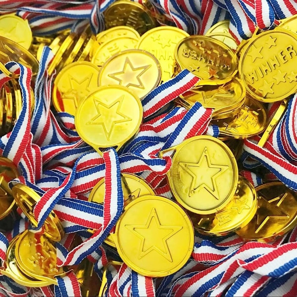 100-pack plastmedaljer för barn, skola, sport eller miniolympiska medaljer