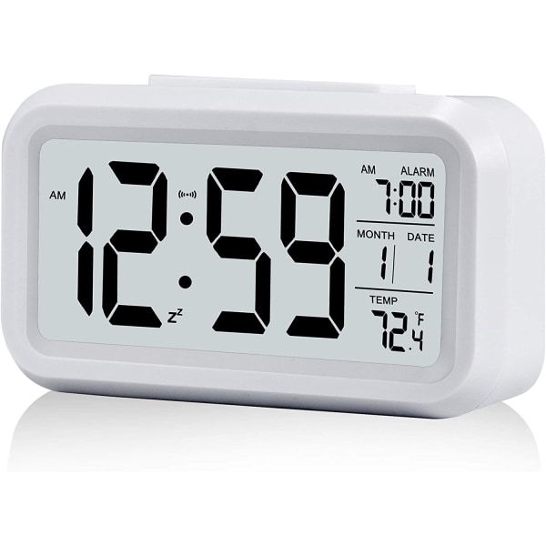 Digital väckarklocka, batteridrivna små skrivbordsklockor, med datum, inomhustemperatur - vit