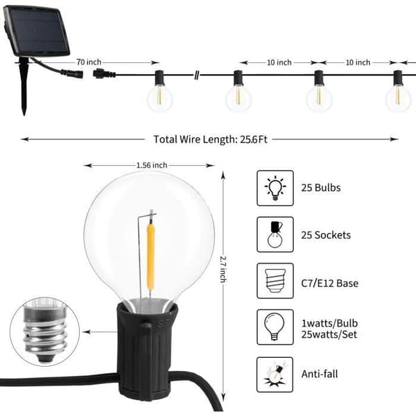 26FT utendørs solcellelyslenke med 25+1 LED G40-pærer, 4 lysmoduser, solcelle/USB