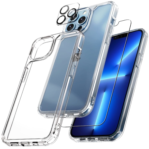 [3 i 1] Designet for Iphone 13 Pro Max-deksel, med 1 pakke herdet glass skjermbeskytter + 1 pakke kameralinsebeskytter Støtsikkert slankt deksel Militar