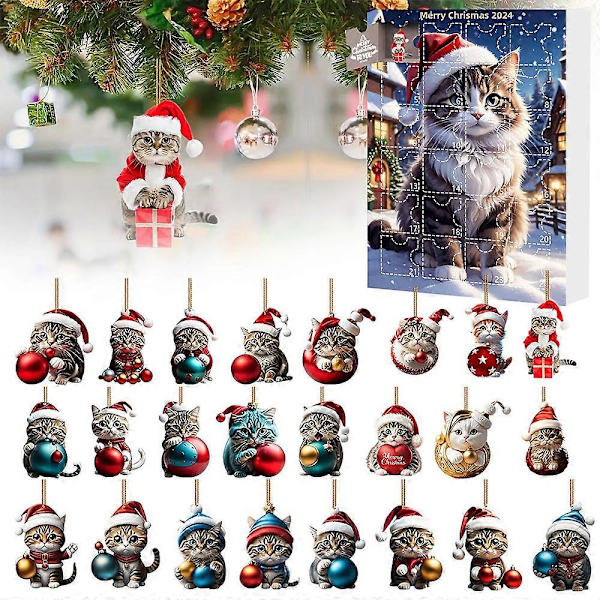 Julekalender 2024 Jul 24 Dage Nedtælling 2D Akryl Vedhæng Søde Kat Ornamenter Blind Box Overraskelsesgave