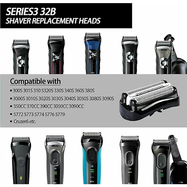 2 stk. Passer til - 32B S3 Erstatningshode for elektrisk barbermaskin til Braun Series3 barberhoder, for Braun S3 3040s 3000s 3050cc 3010s 3070cc 3