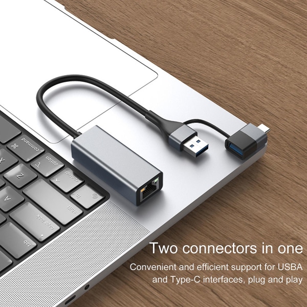 2In1 USB3.0/Type-C til RJ45 Ethernet Adapter 1000Mbps Nettverkskort Adapter Kablet nettverkskonverter