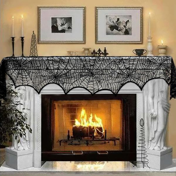Halloween-dekorasjon Svart blonder Edderkoppnett Peis Mantel Skjerf Deksel Festlige Festartikler 45 X 243cm 18 x 96 tommer