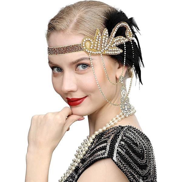 1 set, 1920-tals accessoarer pannband halsband handskar flapper kostymtillbehör set för kvinnor (guld+svart)