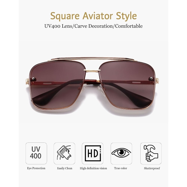 Square Aviator Gradient Solglasögon UV400 Double Bridge Retro metallram (guld/brun)