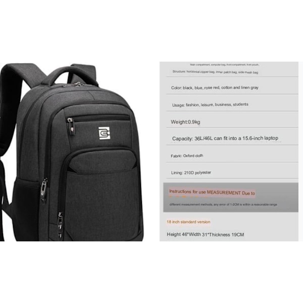 Ryggsekk med stor kapasitet, reisecomputerbag 18 tommer ins-stil