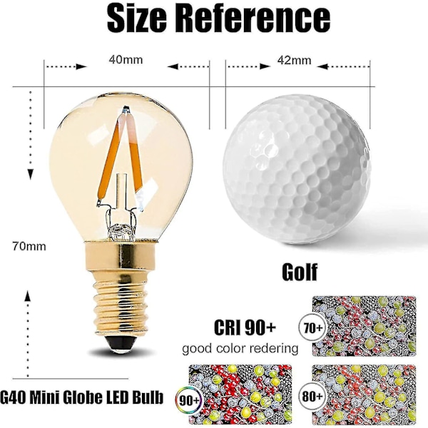 G40 LED-glødetråds mini-globe-pære 1w - Ultra varm hvid 2200k (ravfarvet glød) - 10w ækvivalent udskiftning - E14 lysekroner pærer - Ikke dæmpbar -6 stk